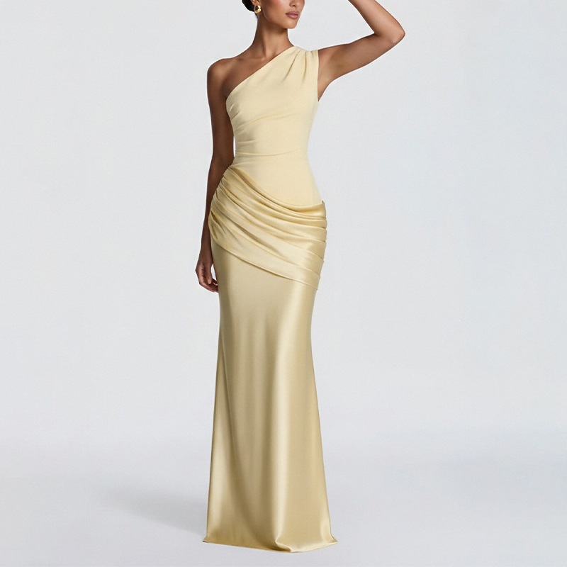 Women's One-Shoulder Bodycon Midi Dress Ruched Elegant Party Dress