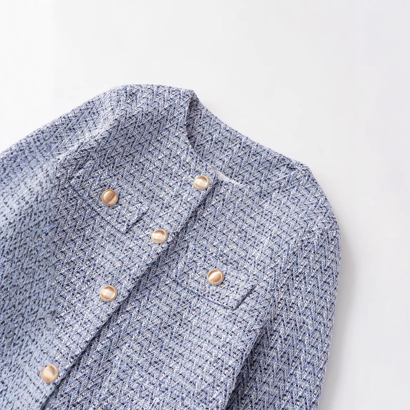 Women's Tweed-Style Jacket with Pockets, Blue, Long Sleeve