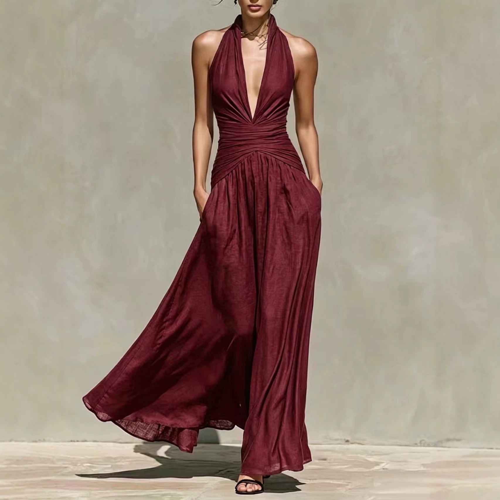 Women's Halter Deep V-Neck Sleeveless High-Waist Slimming Long Dress