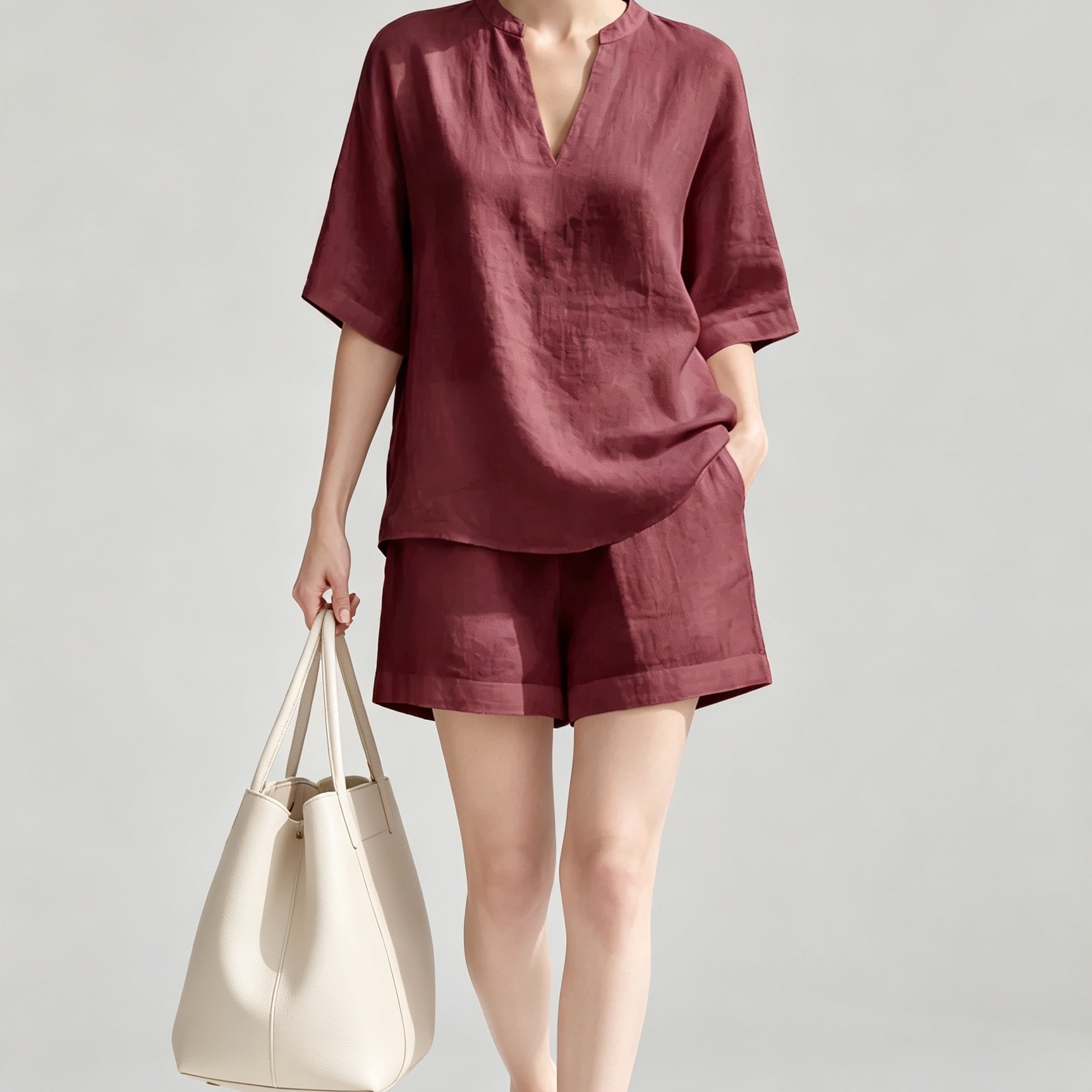 Solid V-Neck Linen-Blend Top and Shorts Two-Piece Set