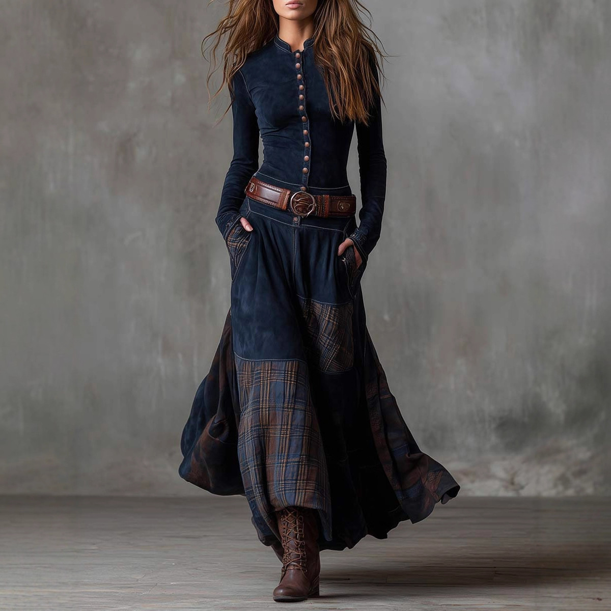 Suede Plaid Patchwork Vintage Dress with Pockets, Button & Belt