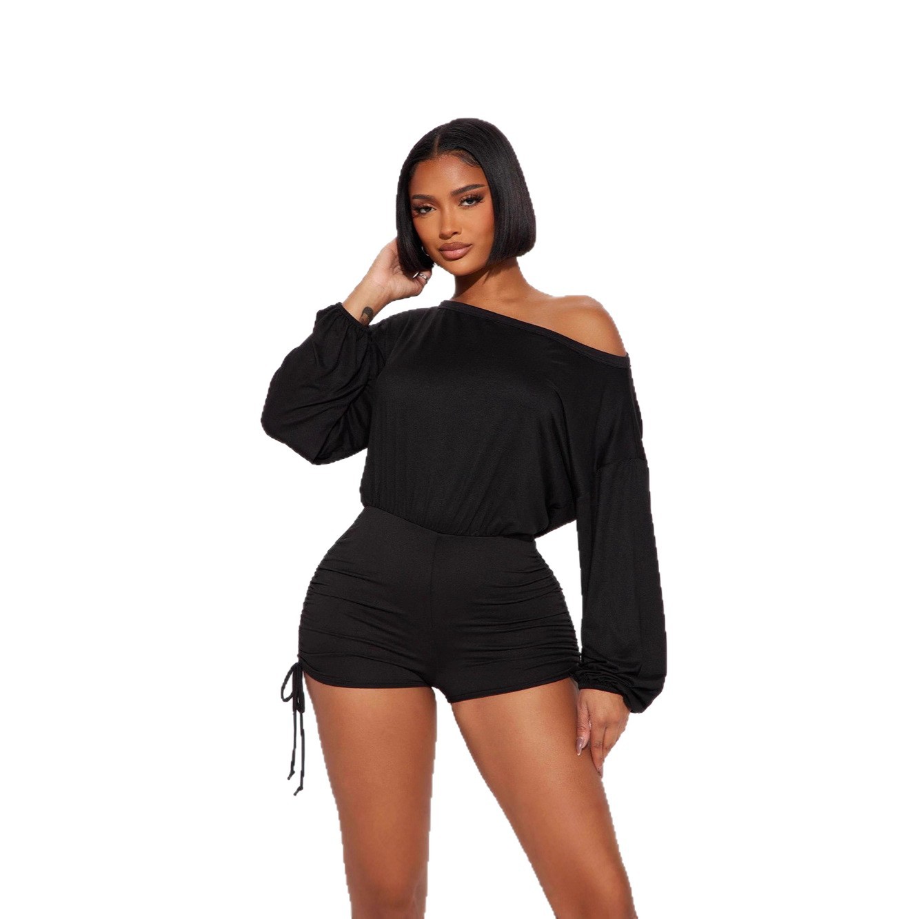 Women's Off-Shoulder Long Sleeve Ruched Drawstring Jumpsuit