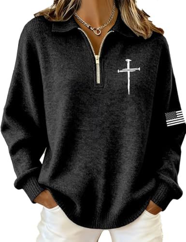 Cross American Flag Print Half-Zip Hoodie