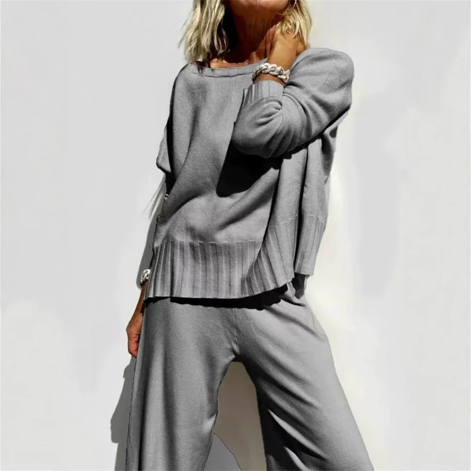 Lazy Style Knit Wide-Leg Pants Set with Pullover Sweater Women's Casual Two-Piece