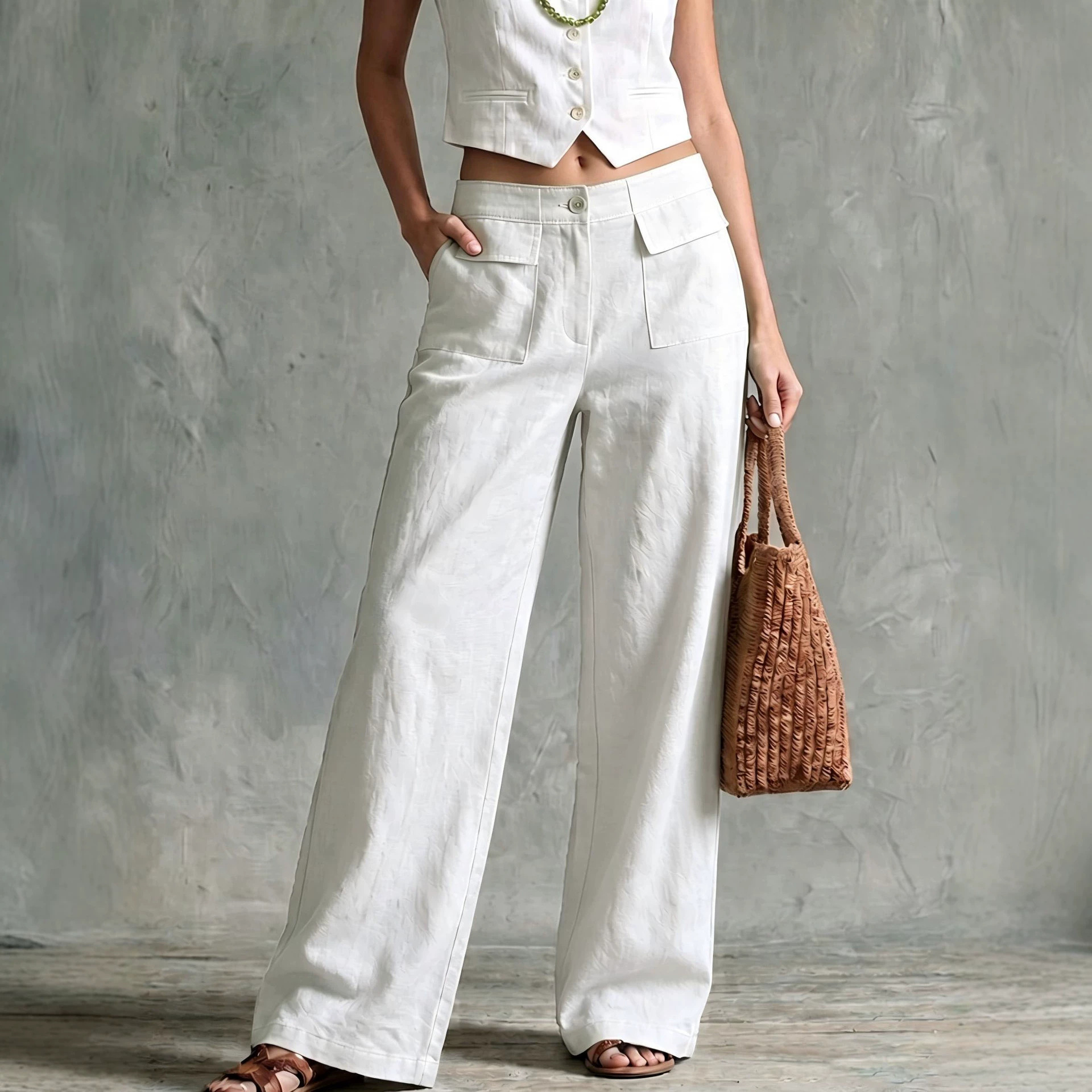 Women's Solid Cotton-Blend Wide-Leg Casual Pants High Waist Loose Fit
