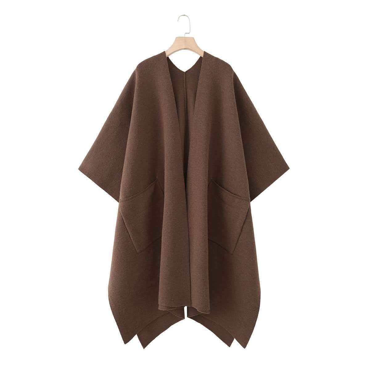 Dark Brown V-Neck Loose Cape-Style Knit Cardigan Coat
