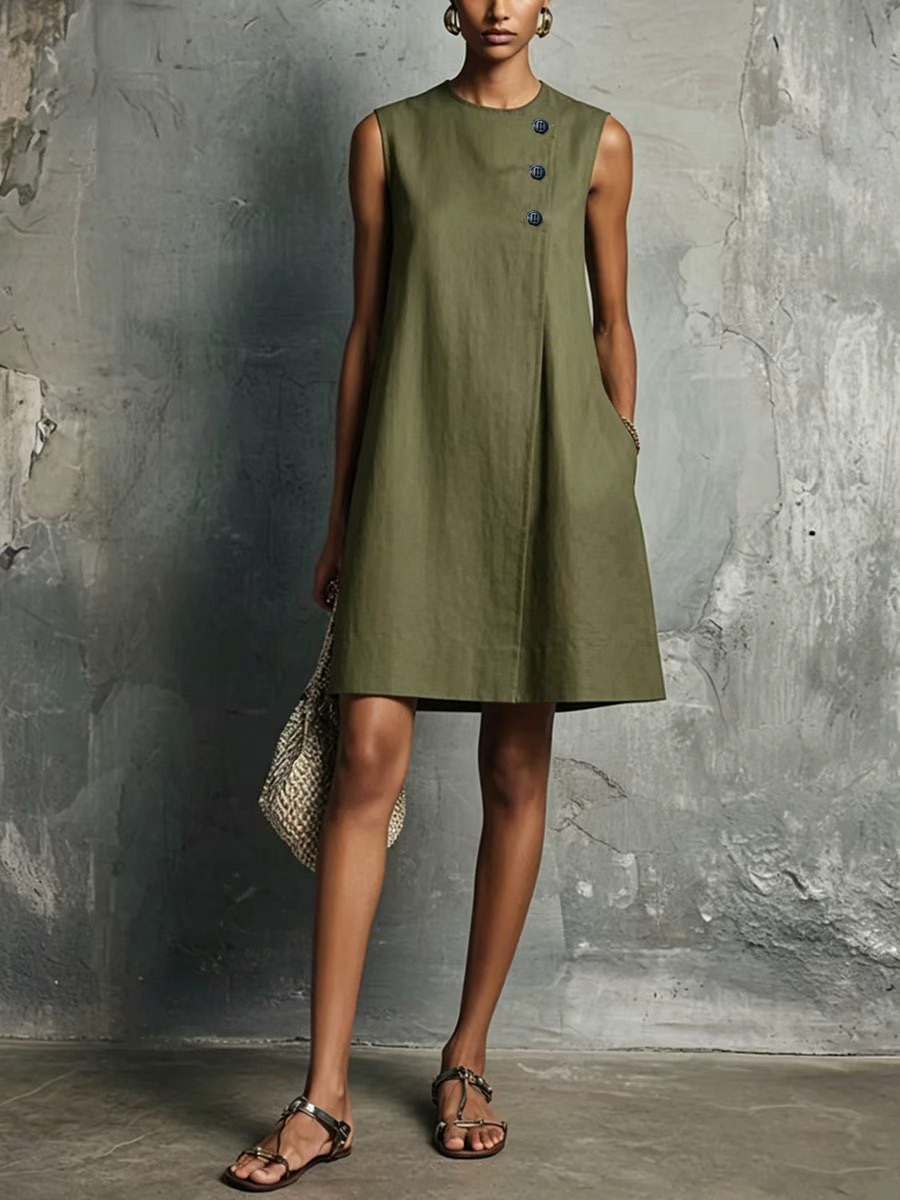 Minimalist Crewneck Sleeveless Dress with Asymmetric Buttons and Side Pockets