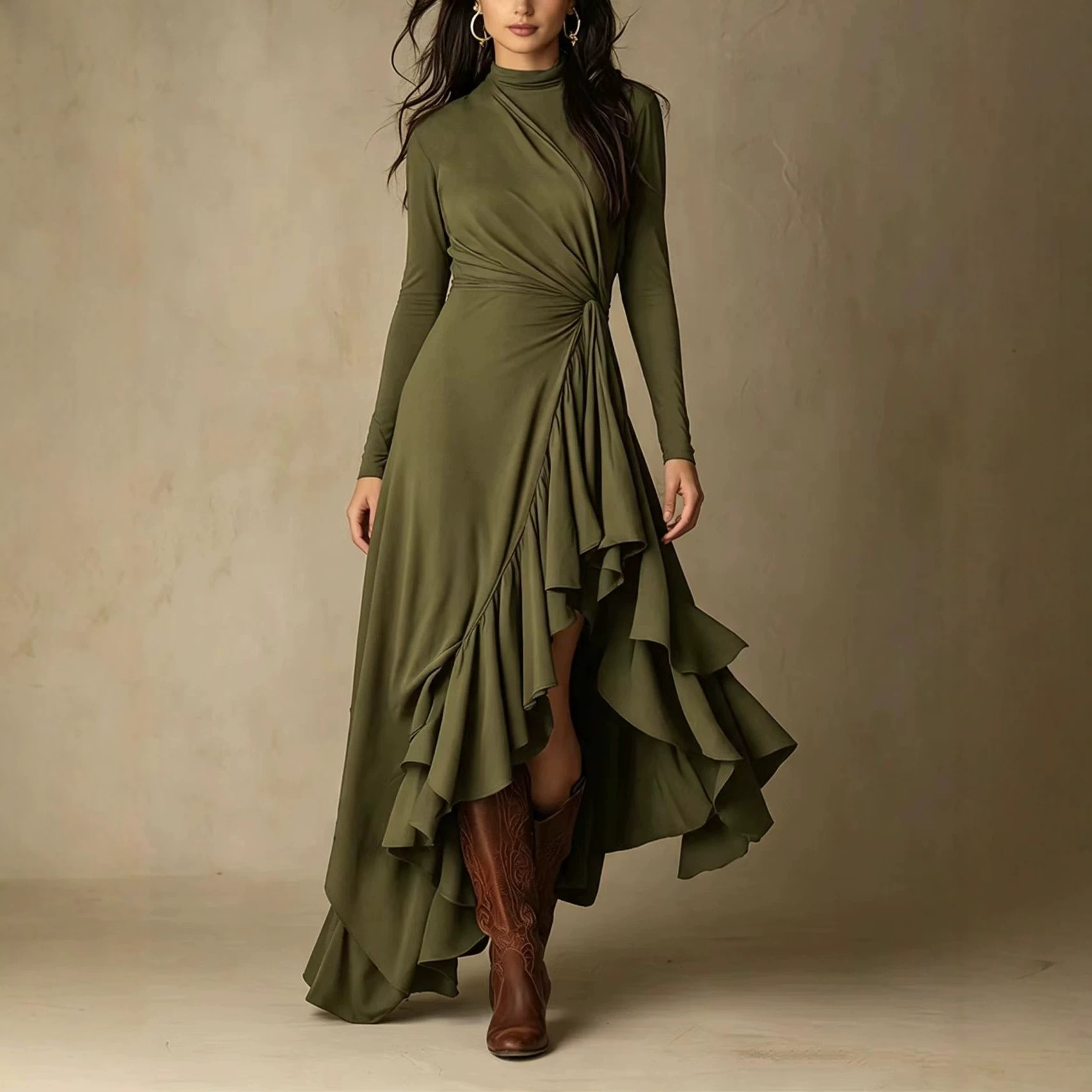 Elegant Solid Long Sleeve Asymmetrical Ruffle Midi Dress