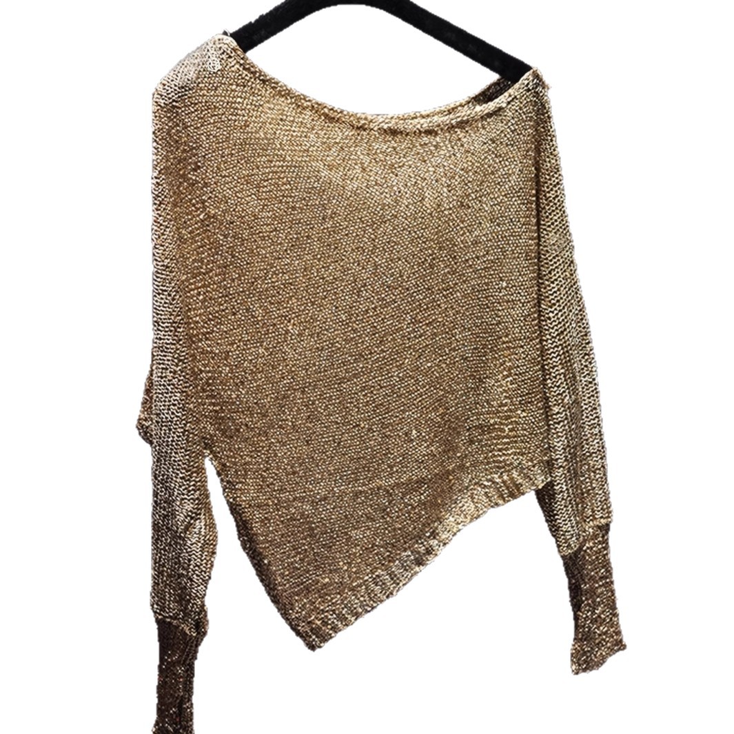 Women's Hollow-Out Knit Sweater with Flared Sleeves and Round Neck