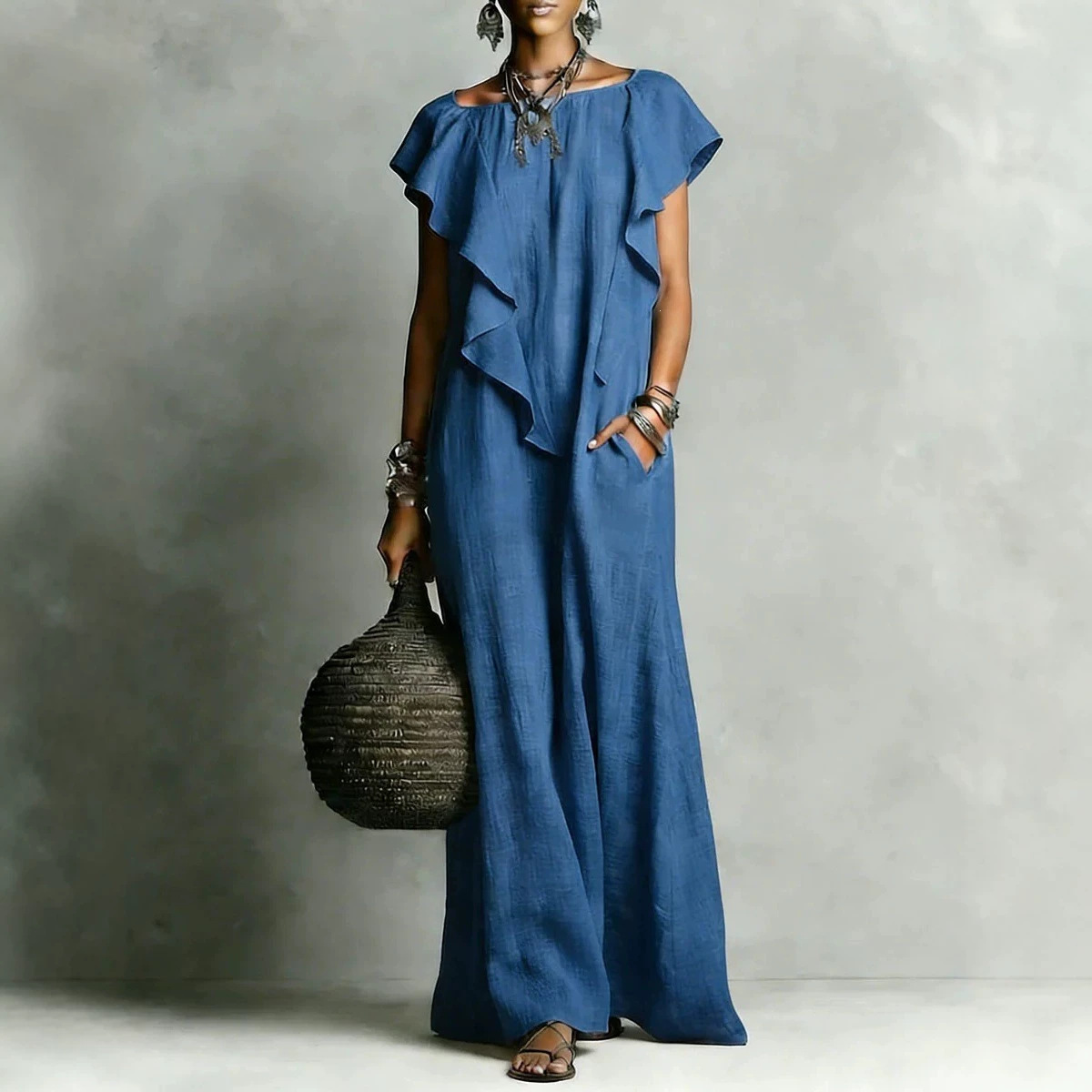 Women's Boat Neck Ruffle Long Dress Casual Loose Fit