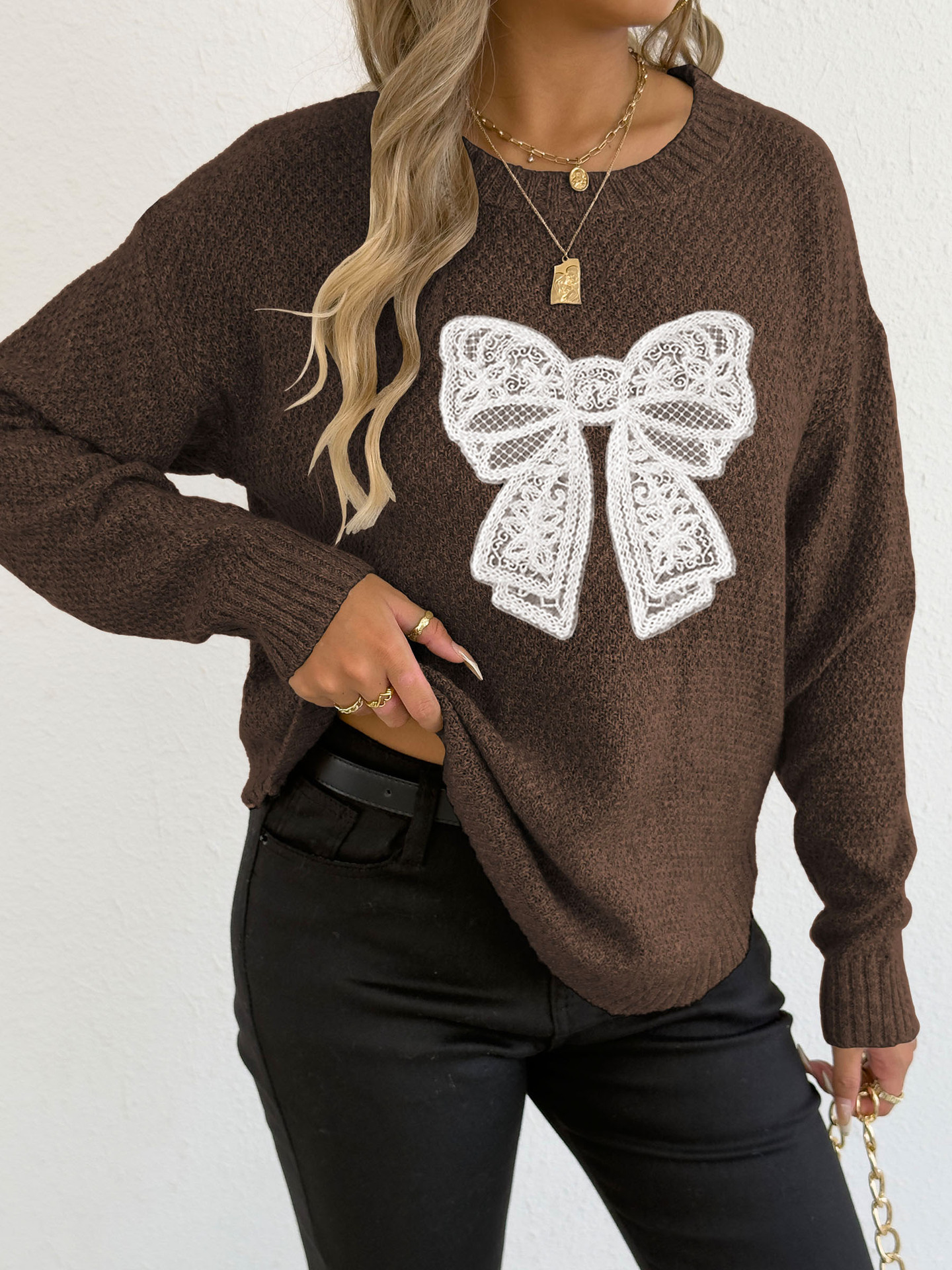Embroidered Lace Butterfly Knit Sweater Crewneck Pullover