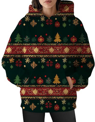Women's Christmas Print Hoodie with Lantern Leaf Motif