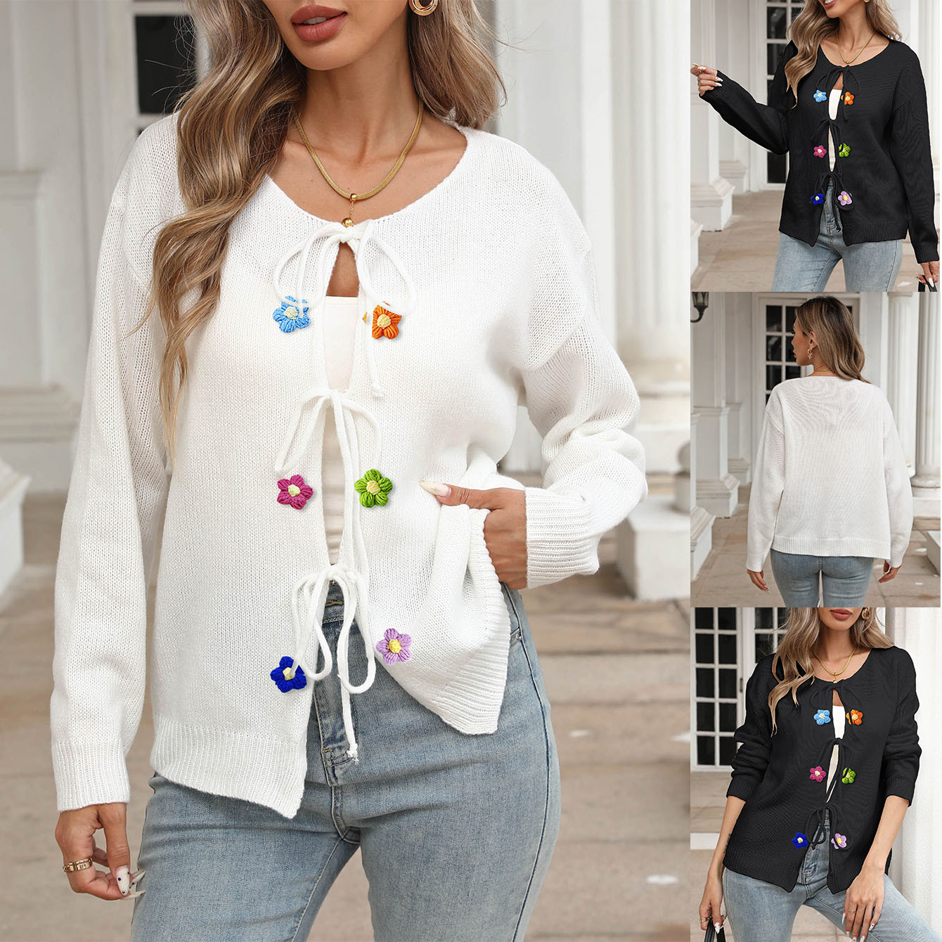 Women's Tie-Front Cardigan with Hand-Crocheted Floral Appliqué