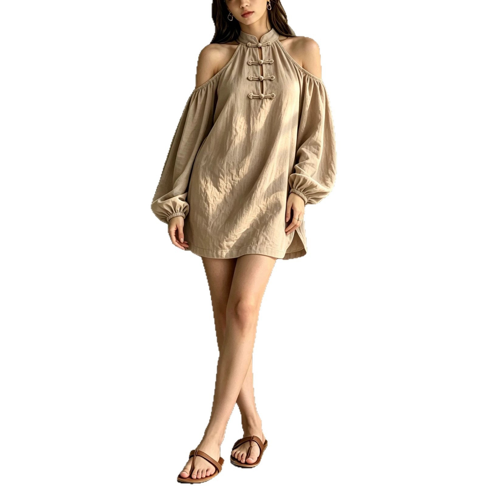 Off-Shoulder Retro Long-Sleeve Solid Color Loose Casual Dress
