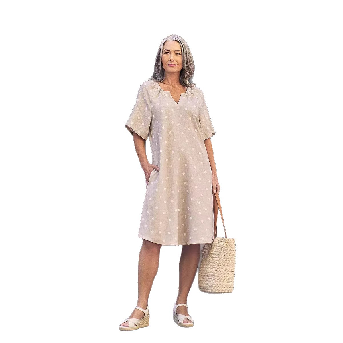 V-Neck Short Sleeve Polka Dot Midi Dress with Pockets