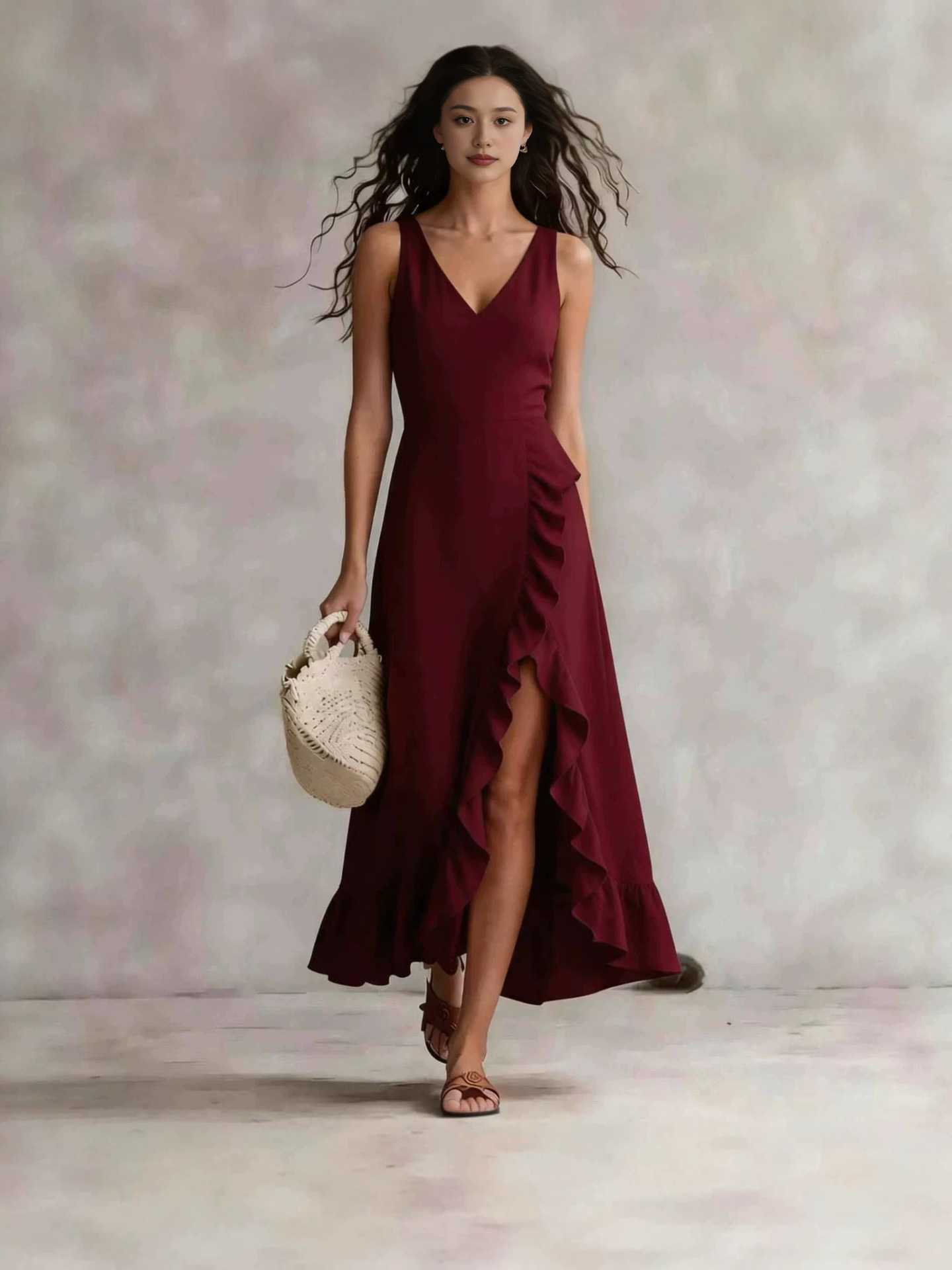 Bohemian V-Neck Sleeveless Ruffle Slit Maxi Dress
