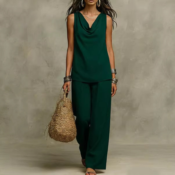 Solid Linen-Blend Sleeveless Tank Top and Wide-Leg Pants Set