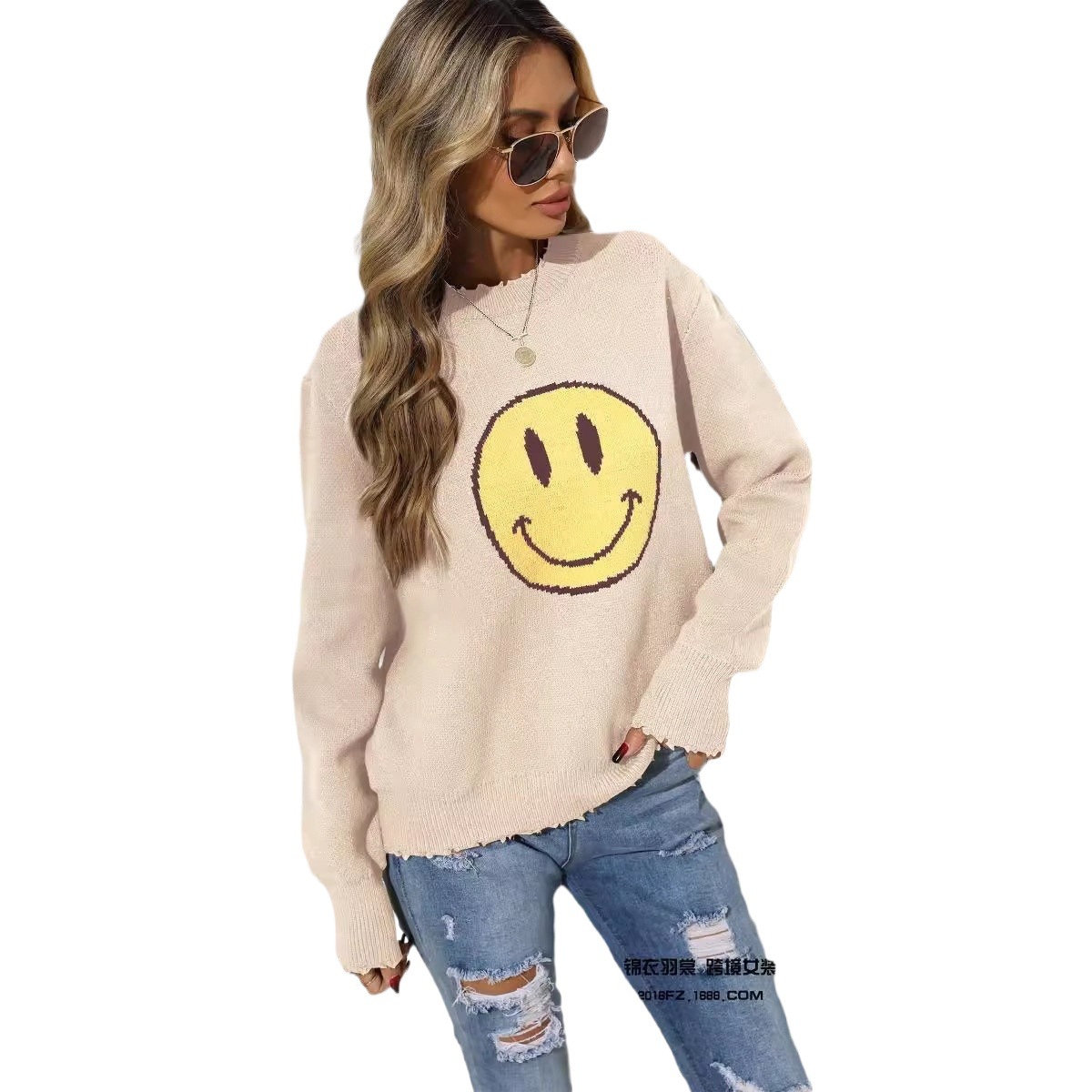 Smiley Face Knit Pullover Sweater Cotton Blend Crew Neck Loose Fit Camel