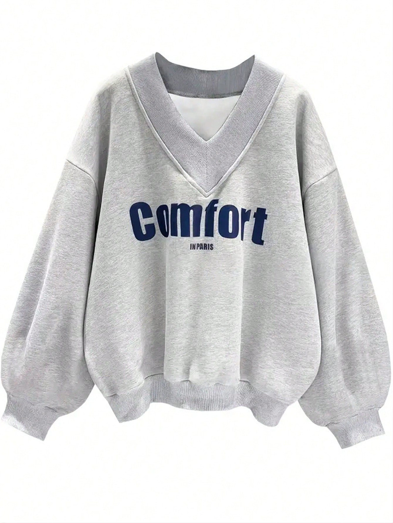Gray V-Neck Pullover Sweatshirt Women's Loose Casual