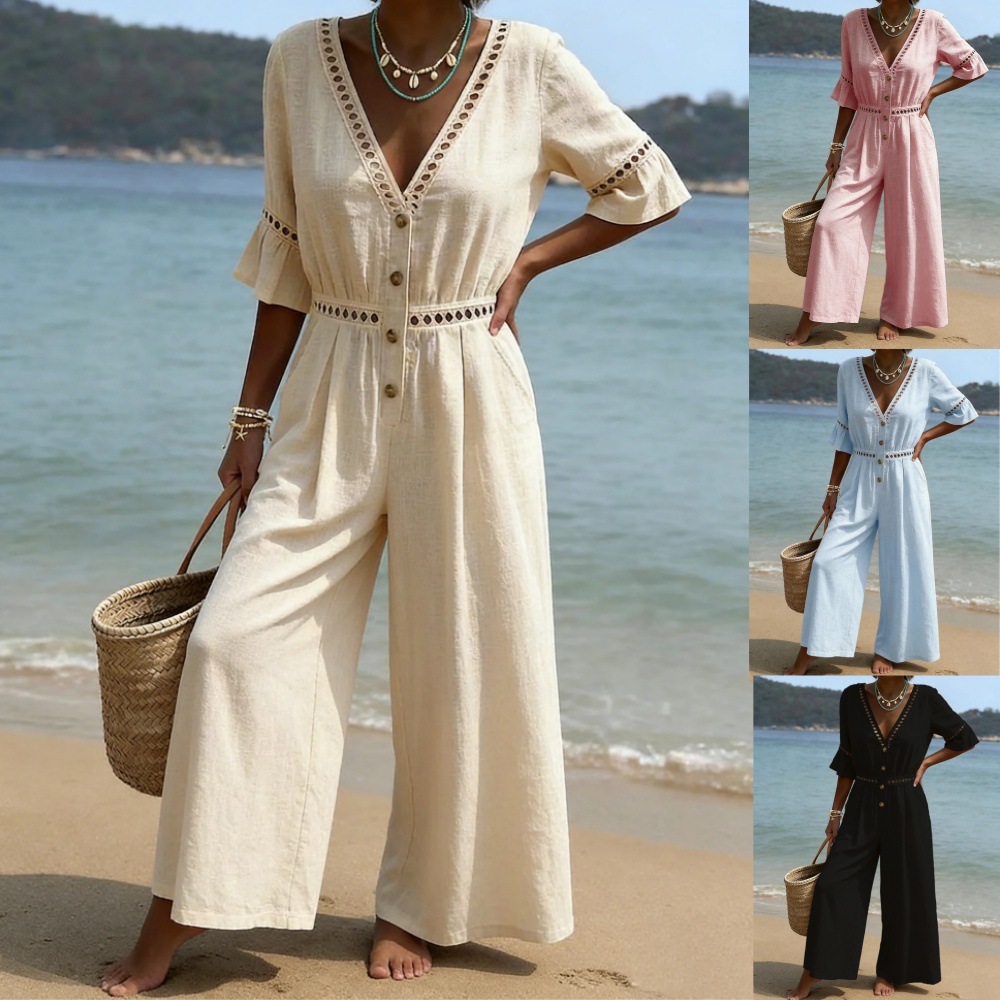Women's Lace Trim Short Sleeve V-Neck Long Jumpsuit Solid Casual Vacation