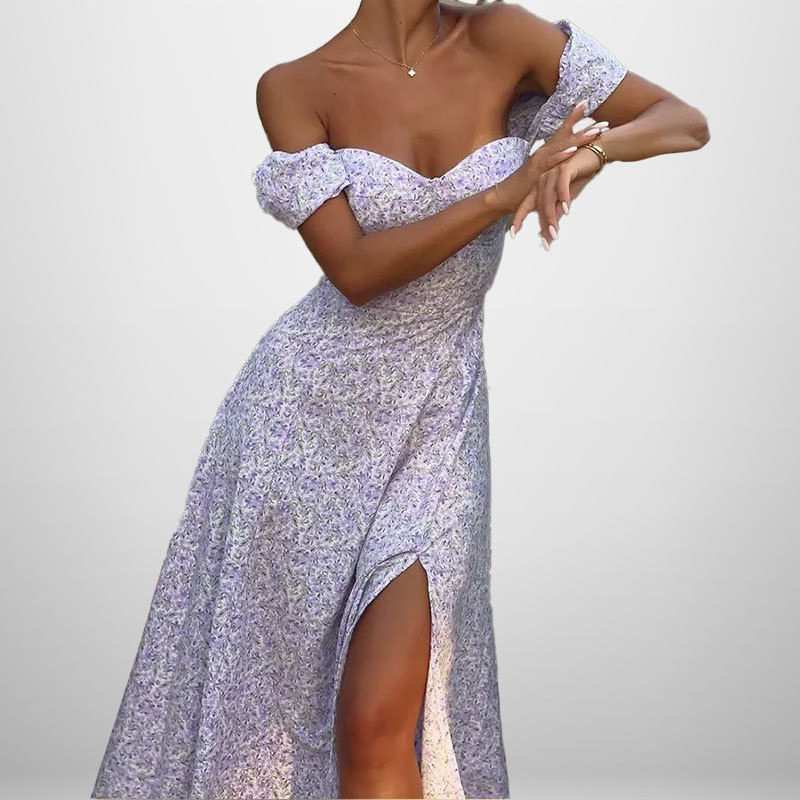 Floral Off-Shoulder High-Slit A-Line Midi Dress