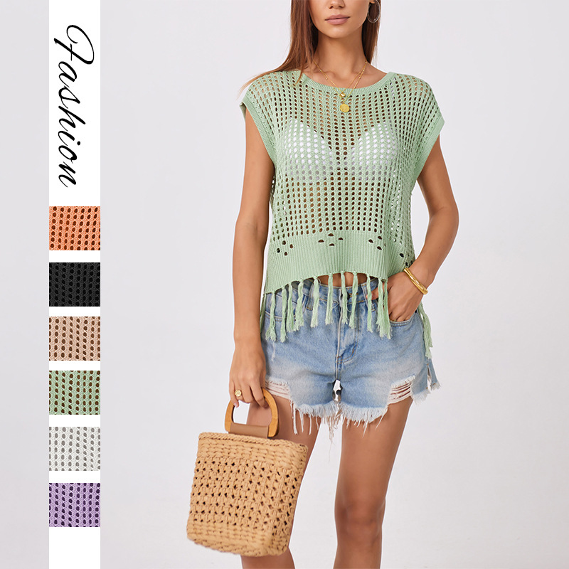 Women's Handmade Fringe Open Knit Sweater Crew Neck Loose Fit