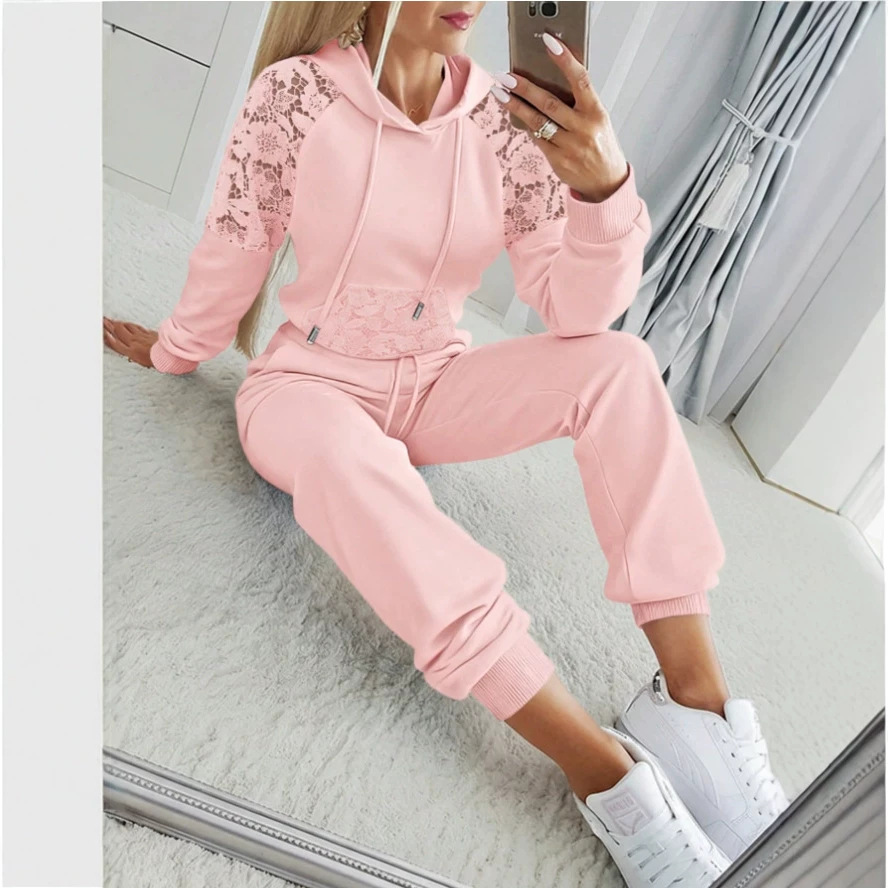 Women's Lace Hollow-Out Hooded Sweatshirt Set