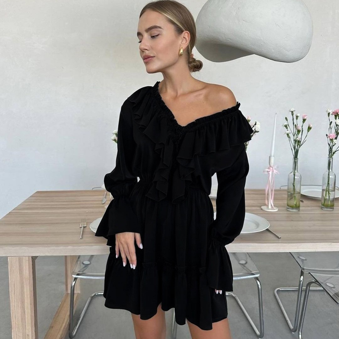 V-Neck Ruched Bell Sleeve Ruffle White Dress
