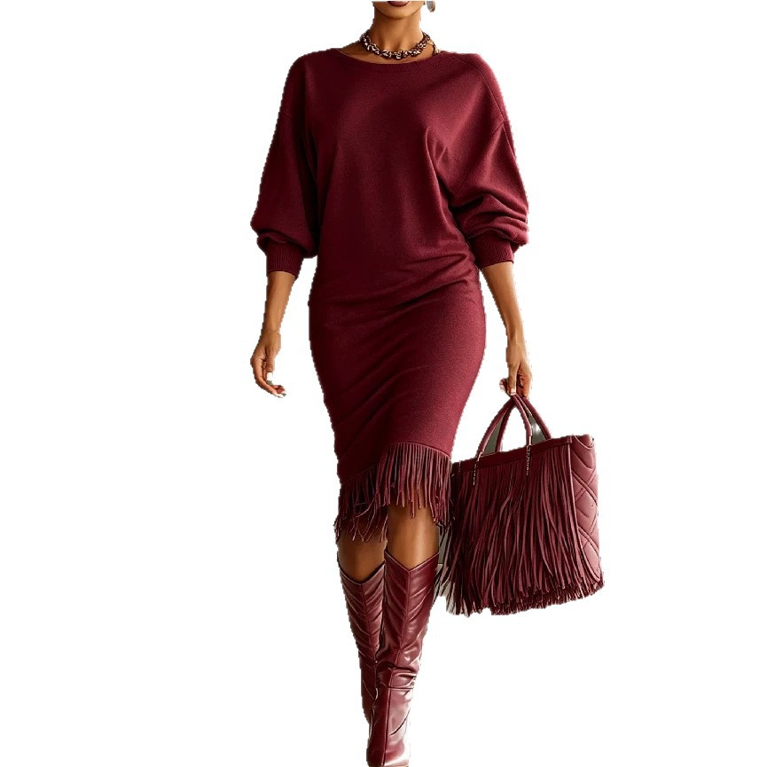 Women's Midi Fringe Dress Crew Neck Long Sleeve A-Line