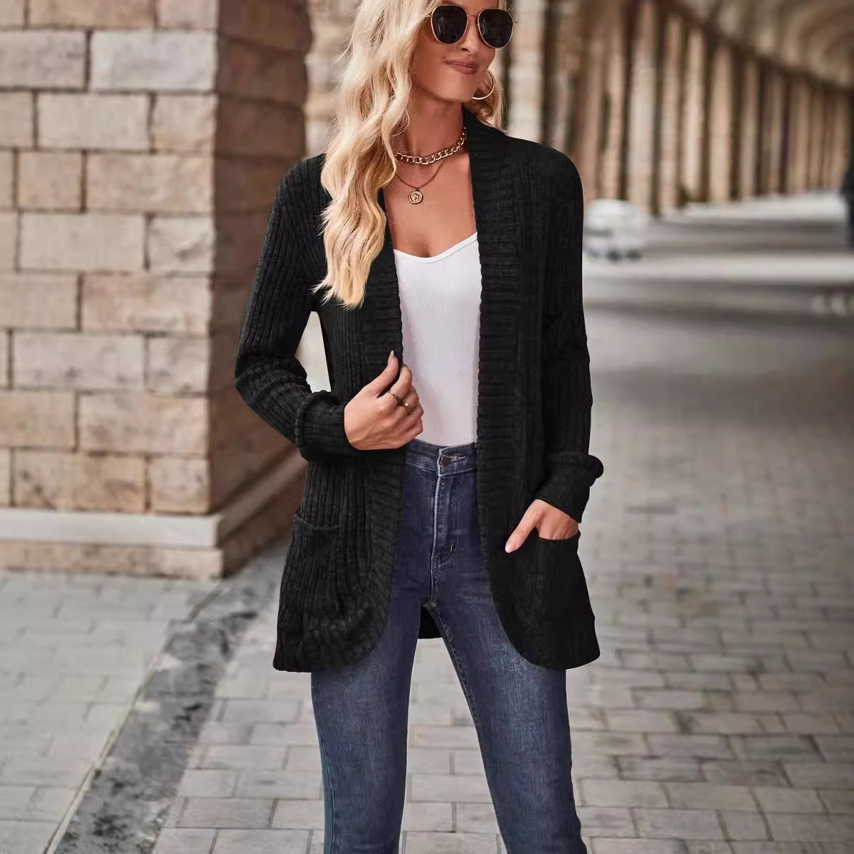 Solid Ribbed Brushed Long-Sleeve Cardigan