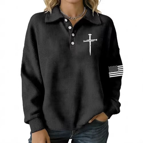 Women's Cross & American Flag Print Button Sweatshirt