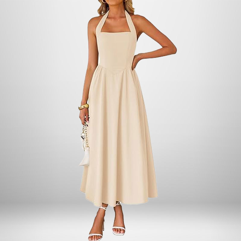 Women's Sleeveless Halter Backless A-Line Midi Dress