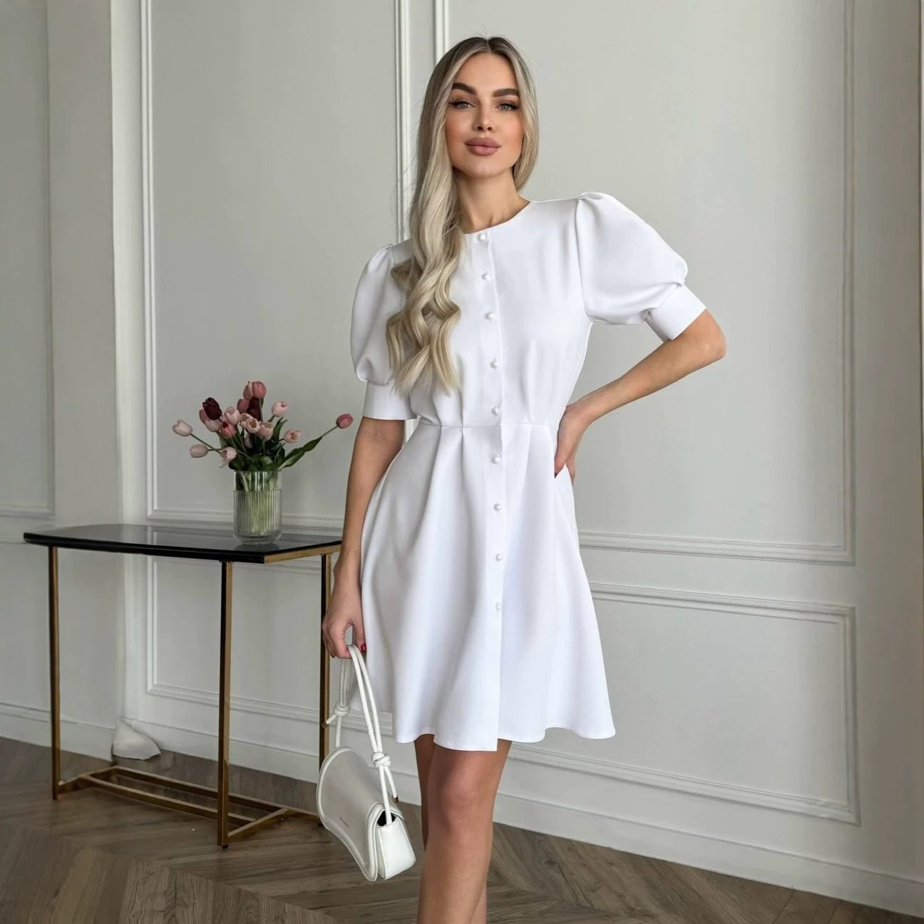 Round Neck Waist-Cinching Ruffle Short Sleeve Dress