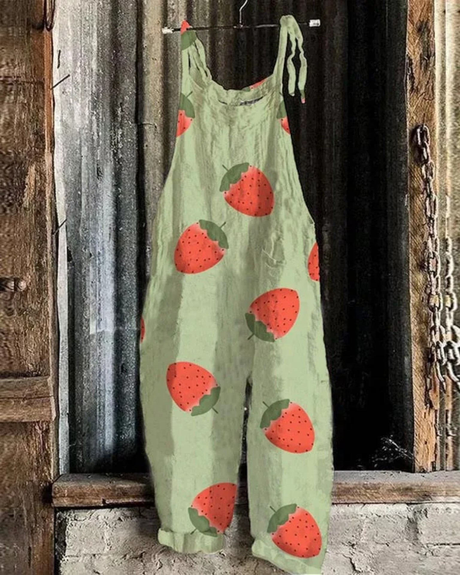 Women's Polka Dot Fruit Print Sleeveless Jumpsuit Casual Tie-Waist