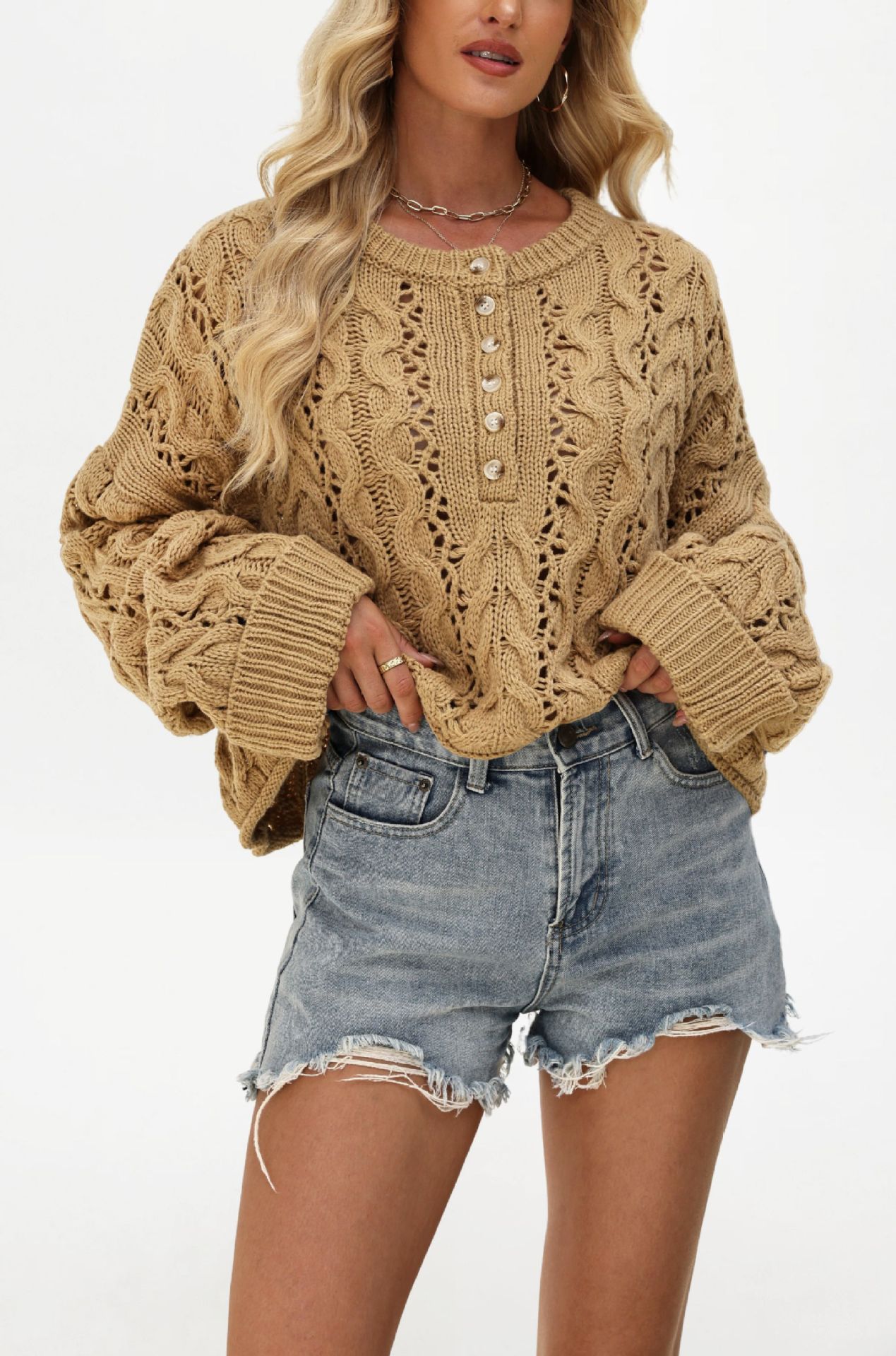 Button-Front Cable-Knit Sweater Loose Fit Solid Crew Neck Short Cardigan