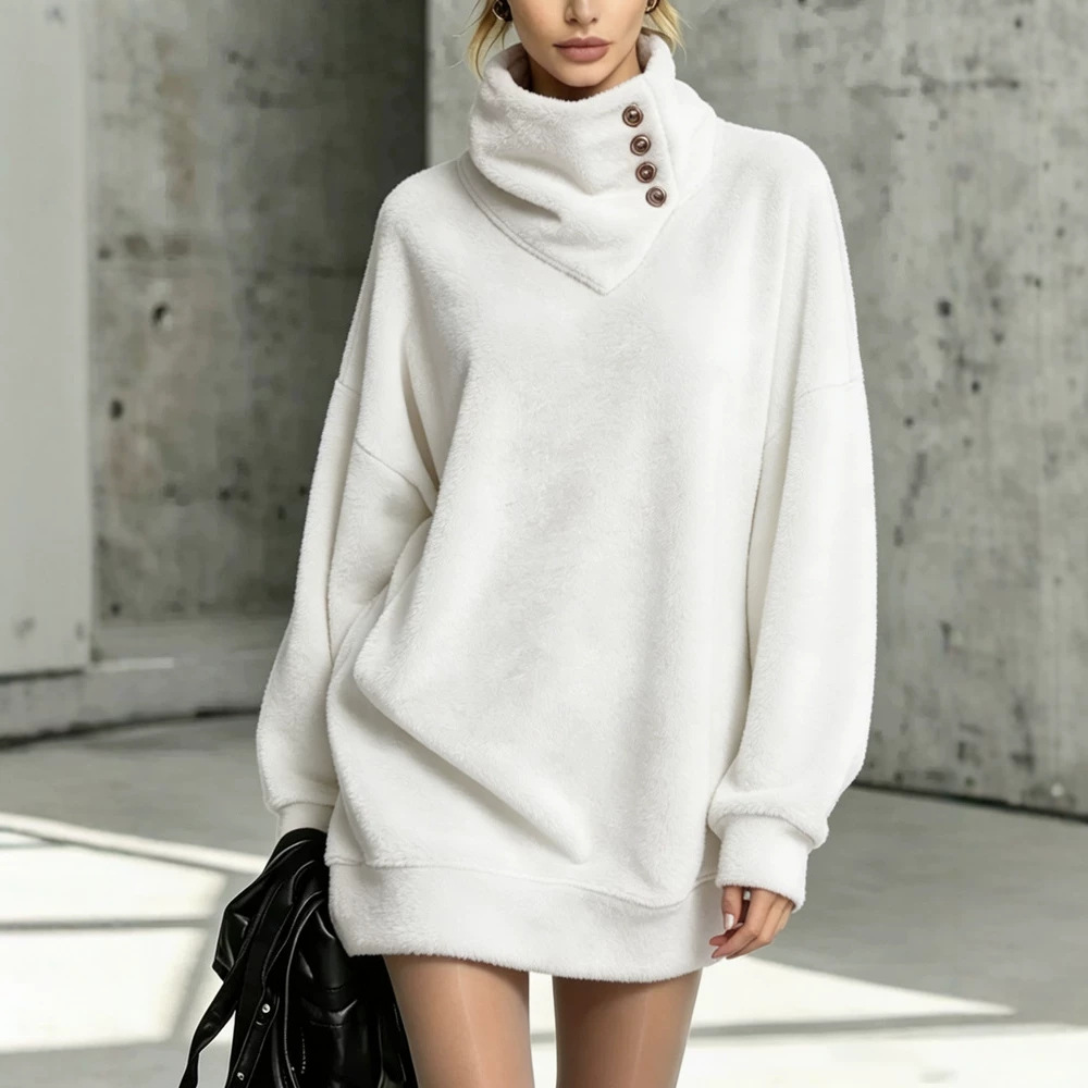 American Retro Button-Front Fleece Hoodie Women's Loose Mid-Length