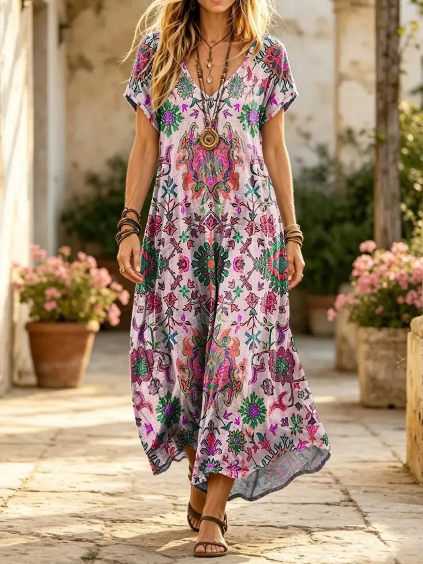 Women's Floral Print Midi Dress Short Sleeve Deep V-Neck Bodycon Casual