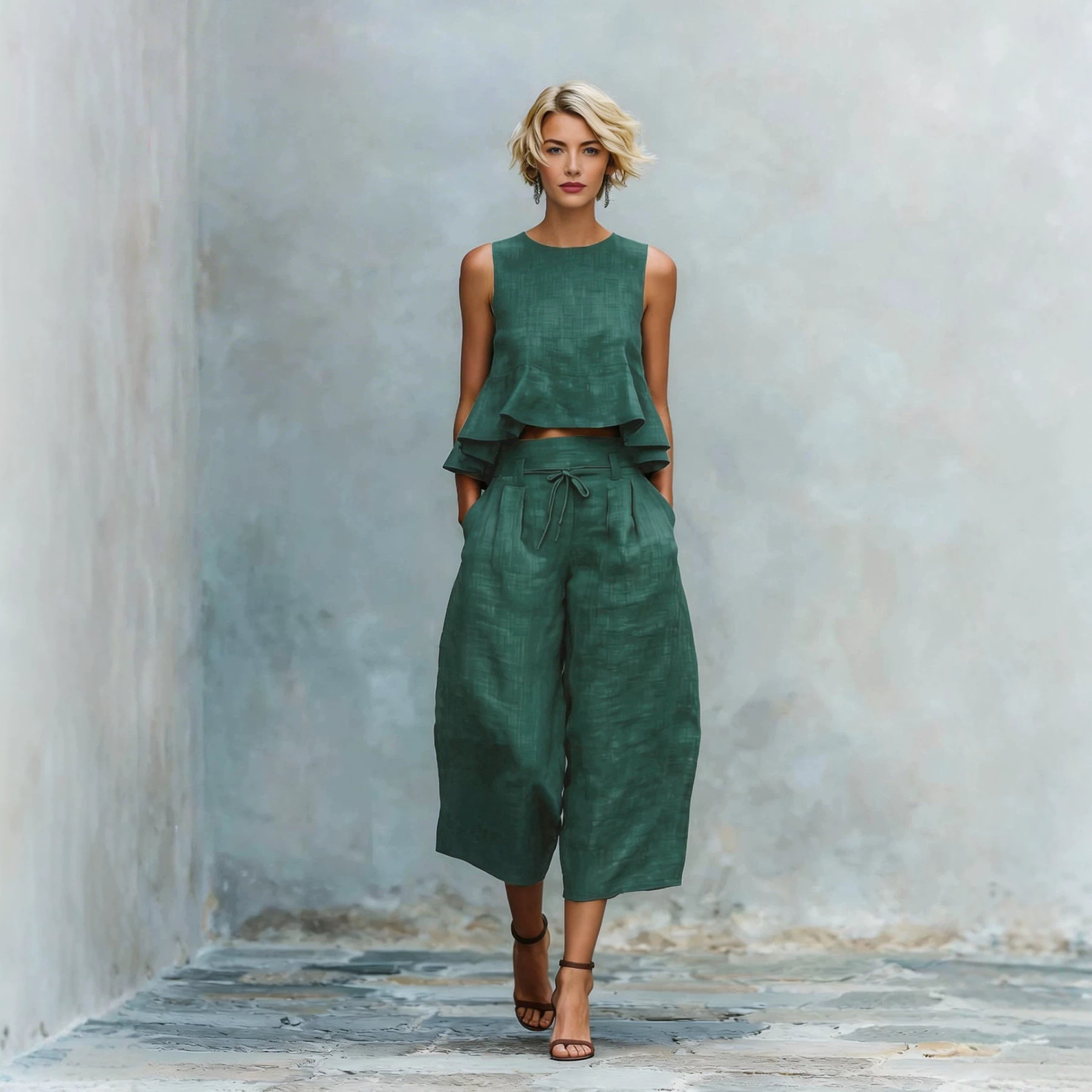 Women's Sleeveless Linen Two-Piece Set with Ruffle Detail