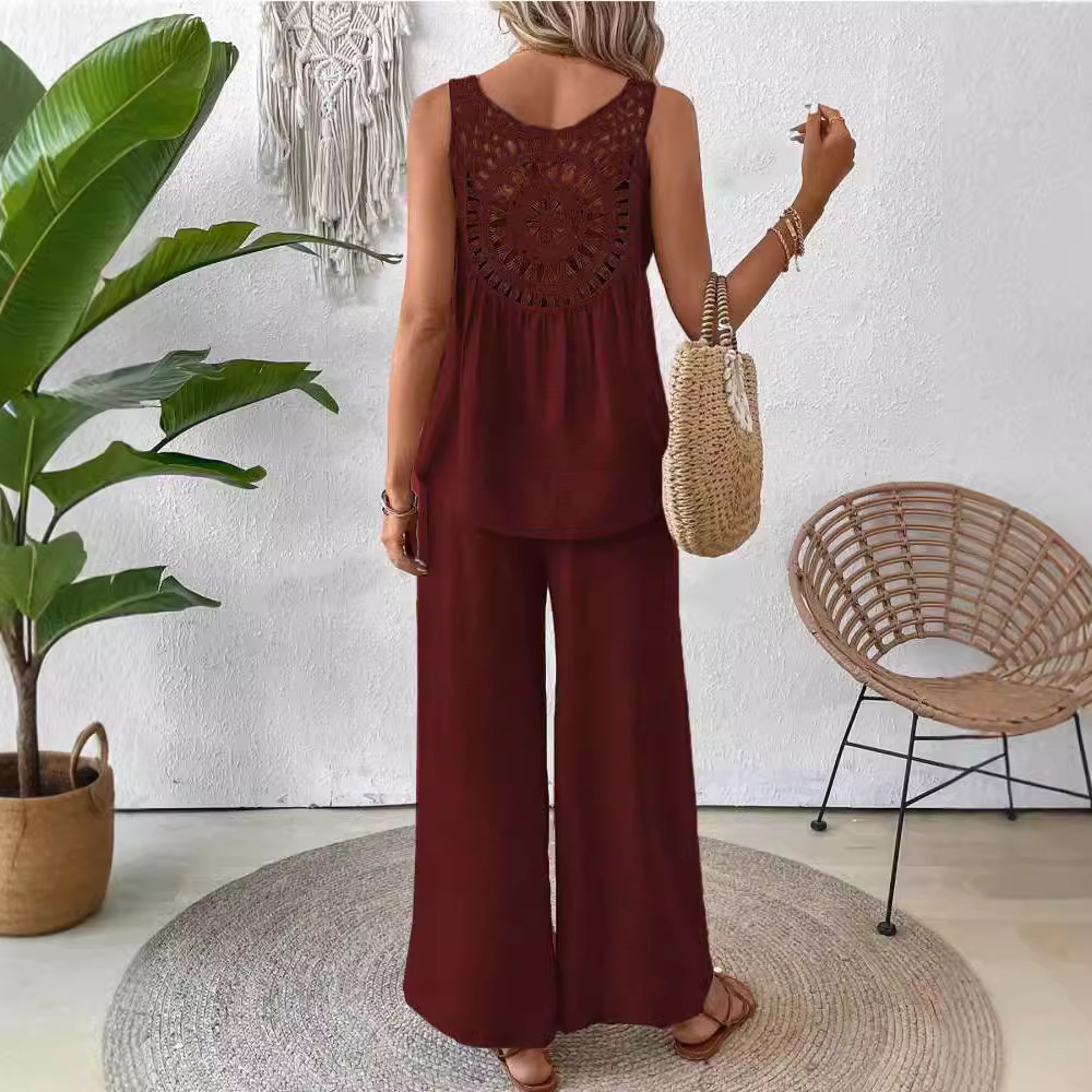 Women's Solid Color Back Cutout Lace Trim Sleeveless Top Set