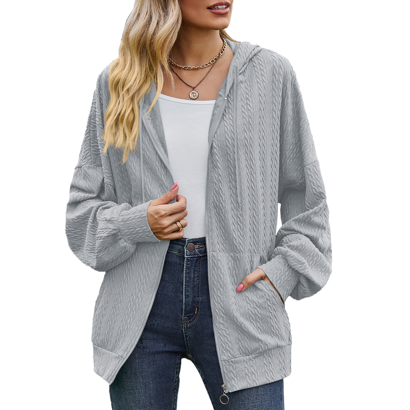 Women's Crinkled Textured Hooded Zip-Up Loose Fit Long Sleeve Cardigan Sweatshirt
