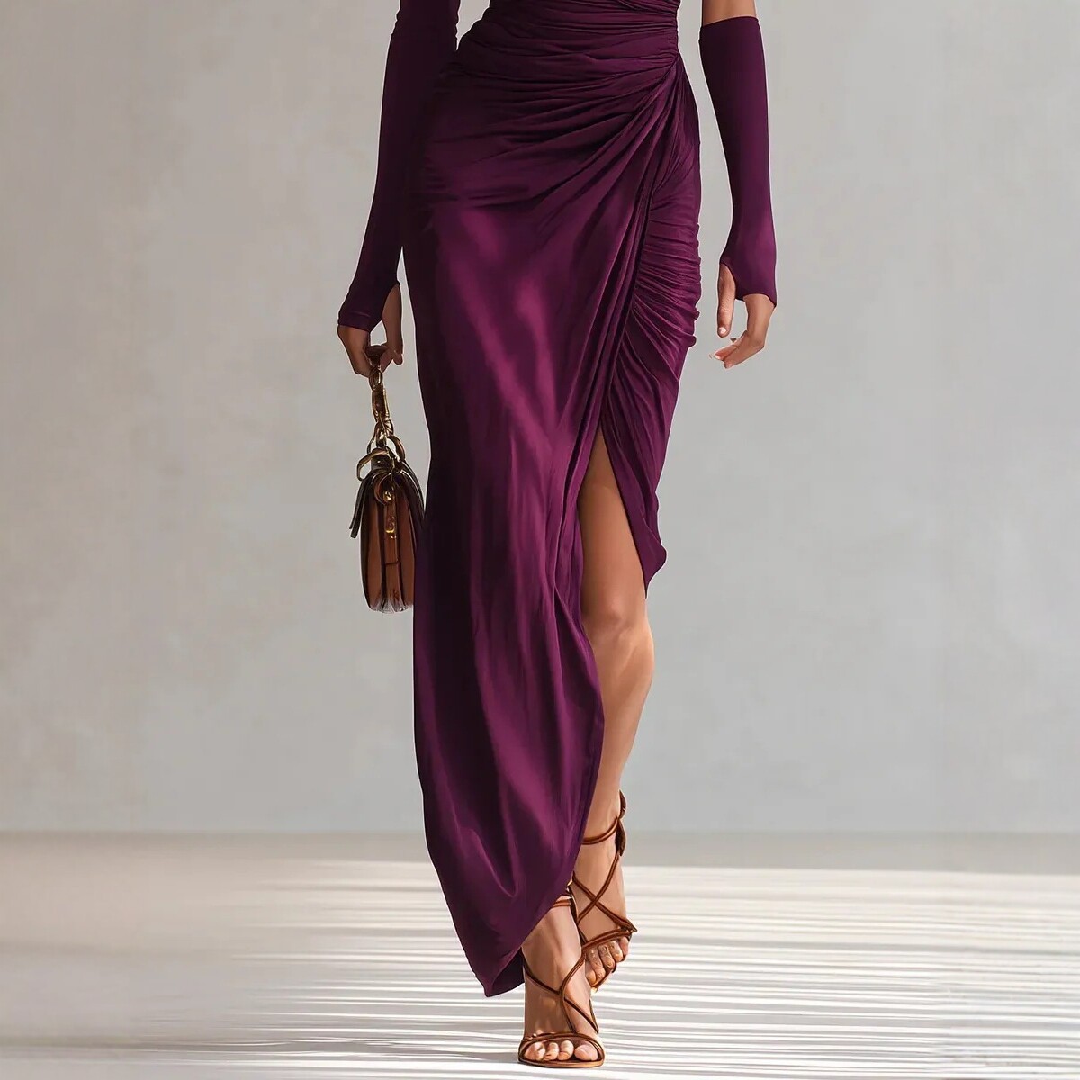 Purple Ruched One-Shoulder Long Sleeve Bodycon Maxi Dress
