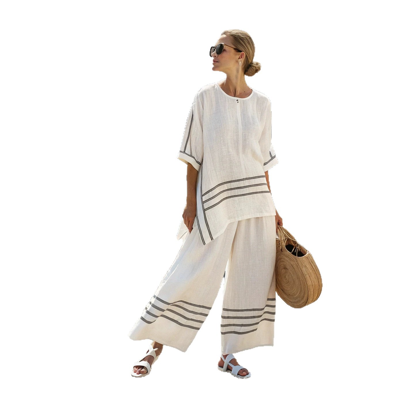 Women's Striped Print Short Sleeve T-Shirt and Shorts Set