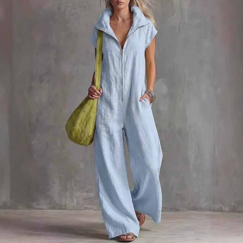 Women's Loose Linen Jumpsuit with Pockets Sleeveless Straight Leg