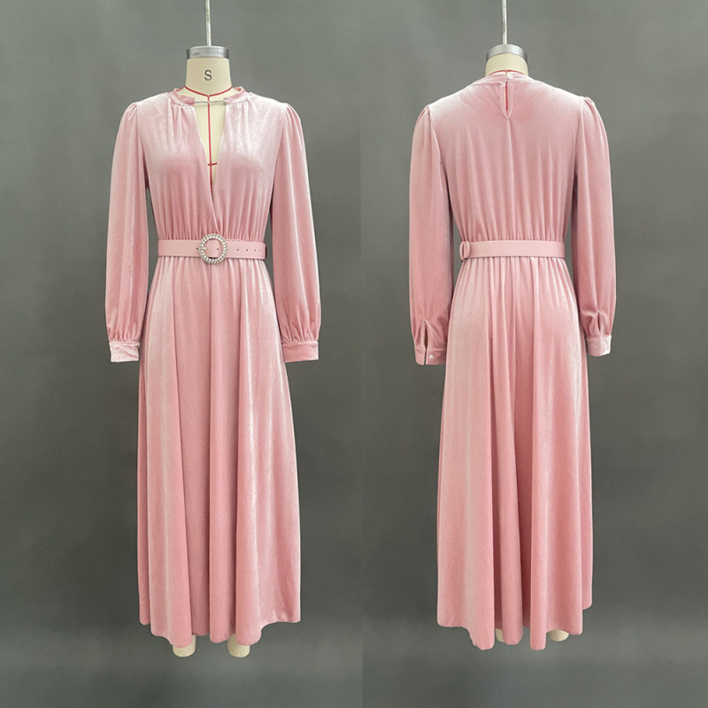 Solid V-Neck Gold Velvet Long Sleeve Dress with Waist Belt