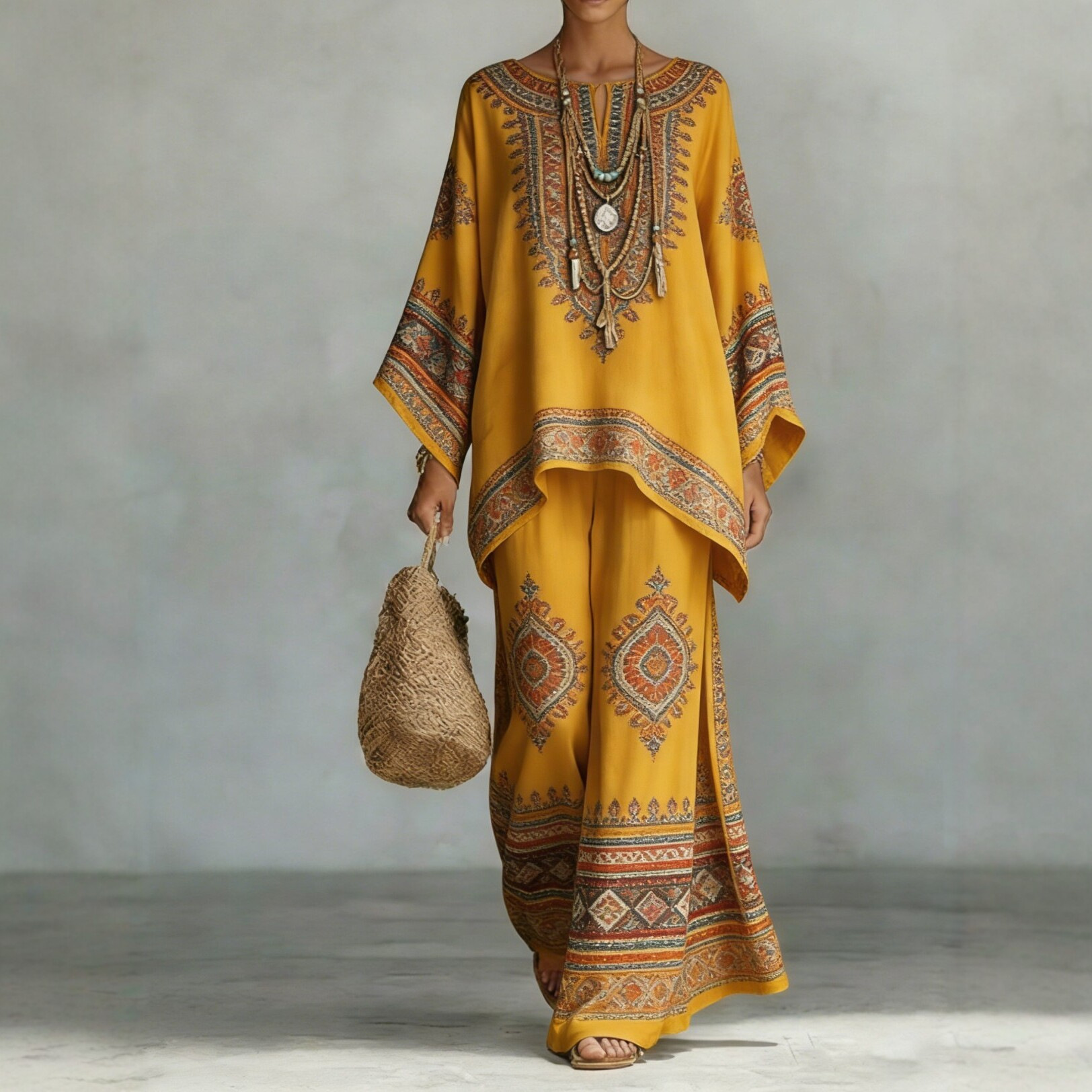Printed Round Neck Top and Wide-Leg Pants Casual Two-Piece Set