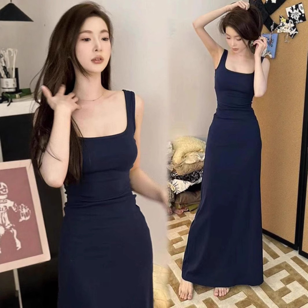 Blue French Sleeveless Bodycon Midi Dress Square Neck Slimming