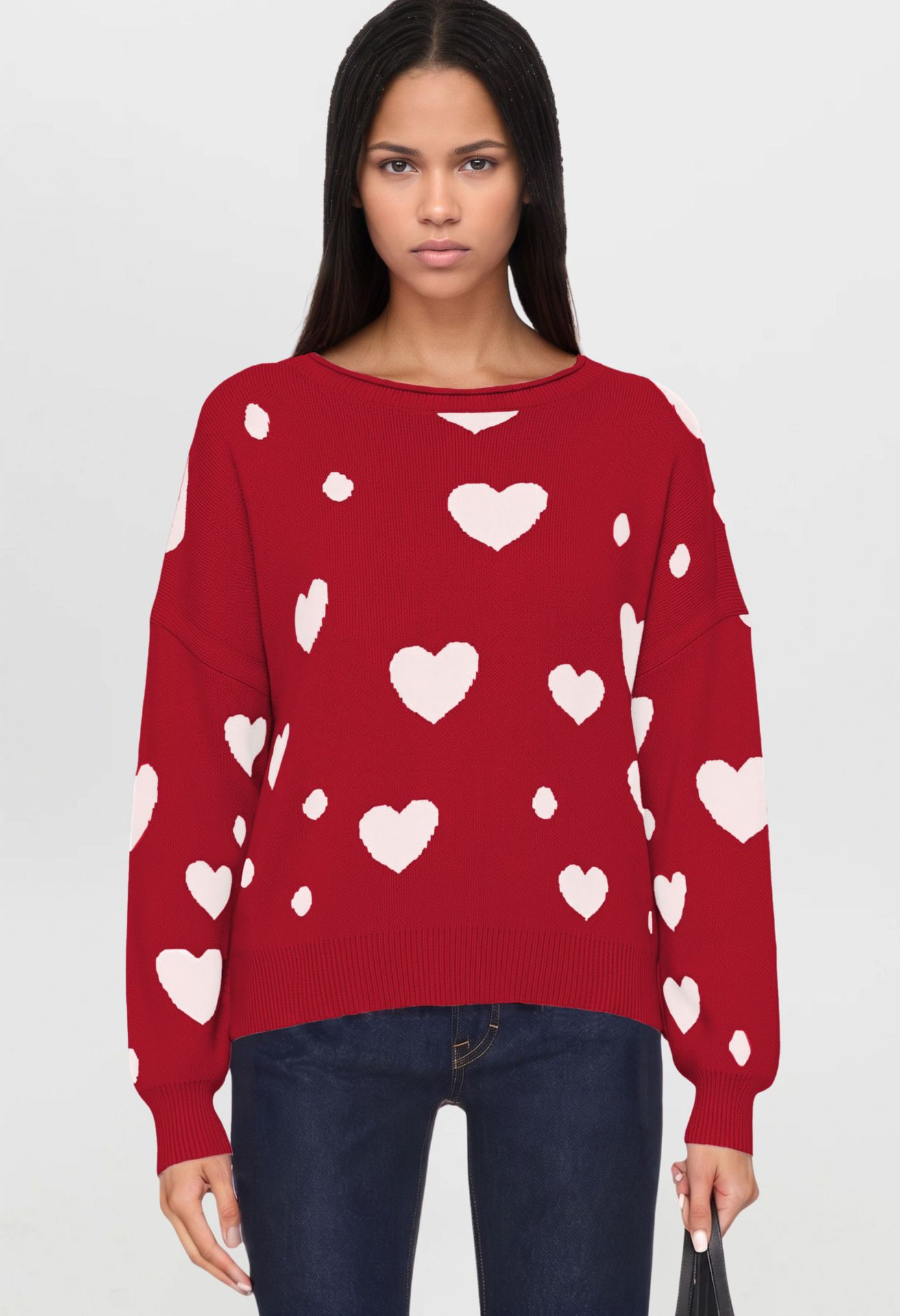 Polka Dot Heart Crewneck Pullover Sweater