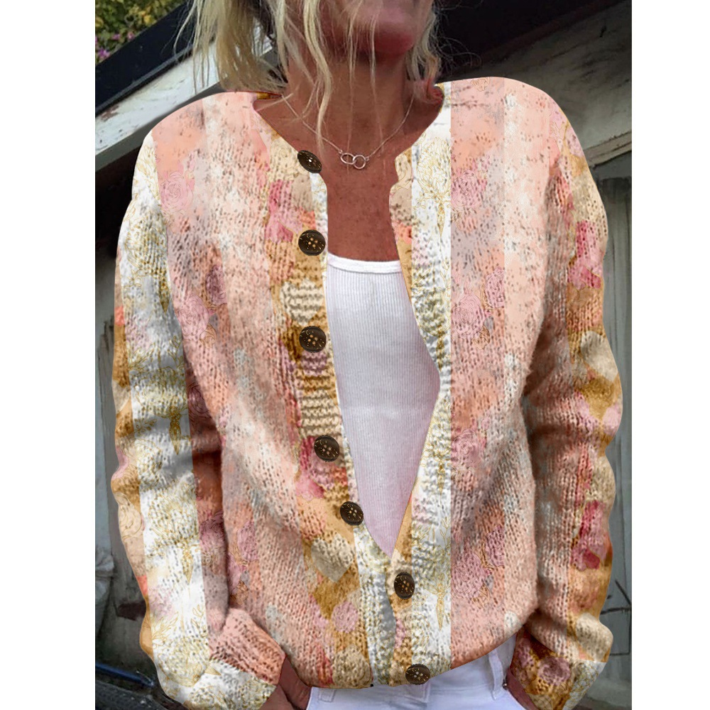 Women's Plaid Floral Print Button-Down Cardigan Sweater