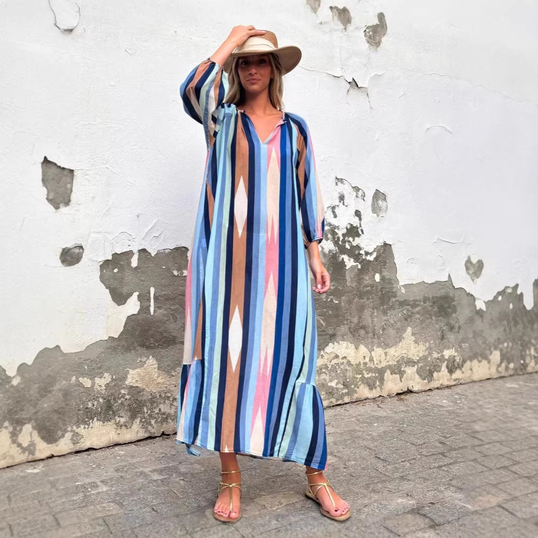 V-Neck Floral Print Loose A-Line Midi Dress Ice Silk Crinkle