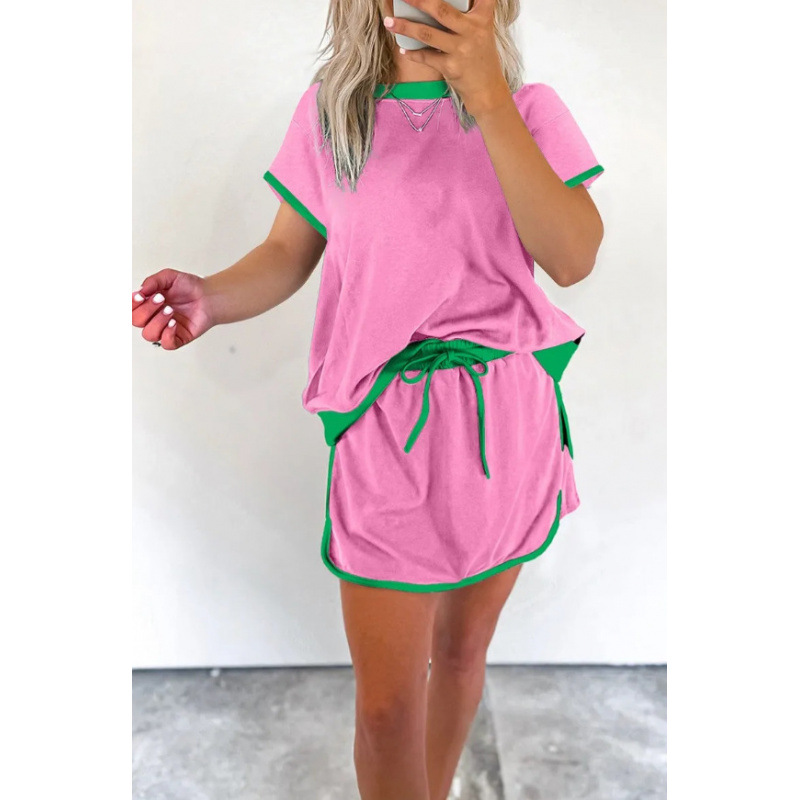Color-Block Drop-Shoulder Short-Sleeve T-Shirt and Shorts Two-Piece Set